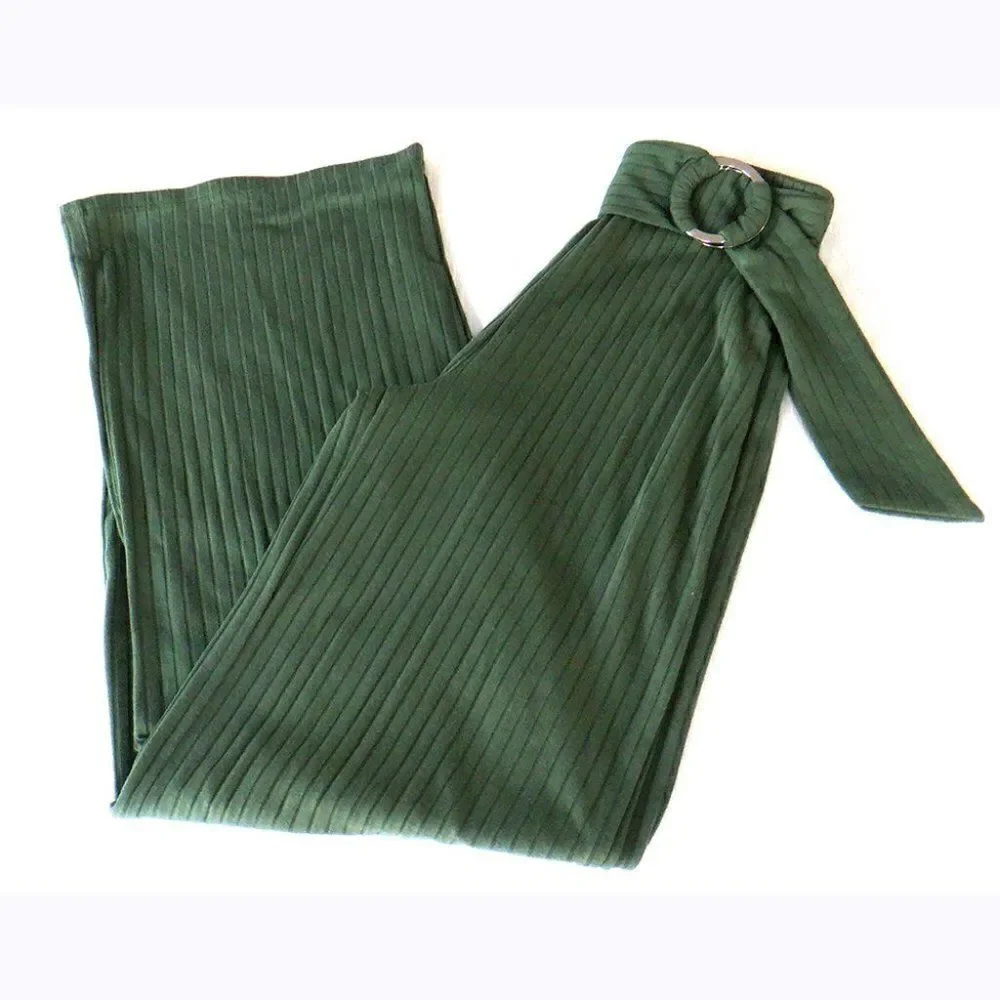 Green ribbed belted waist pants